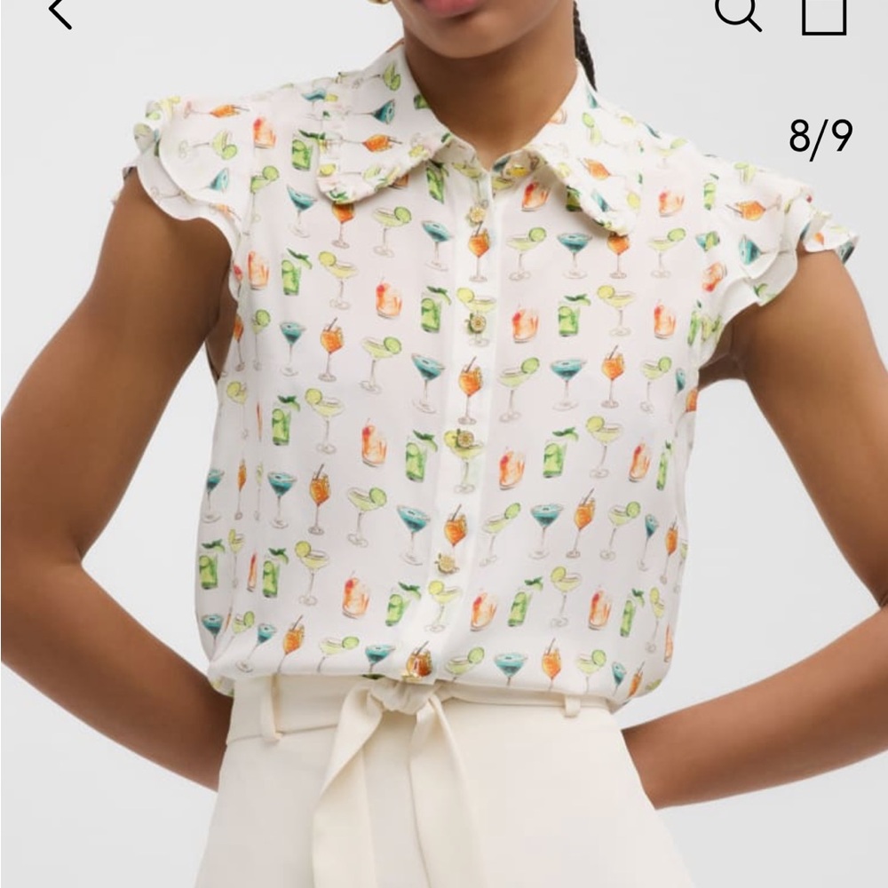 Alice + Olivia White Cocktail Print Cap Sleeve Blouse